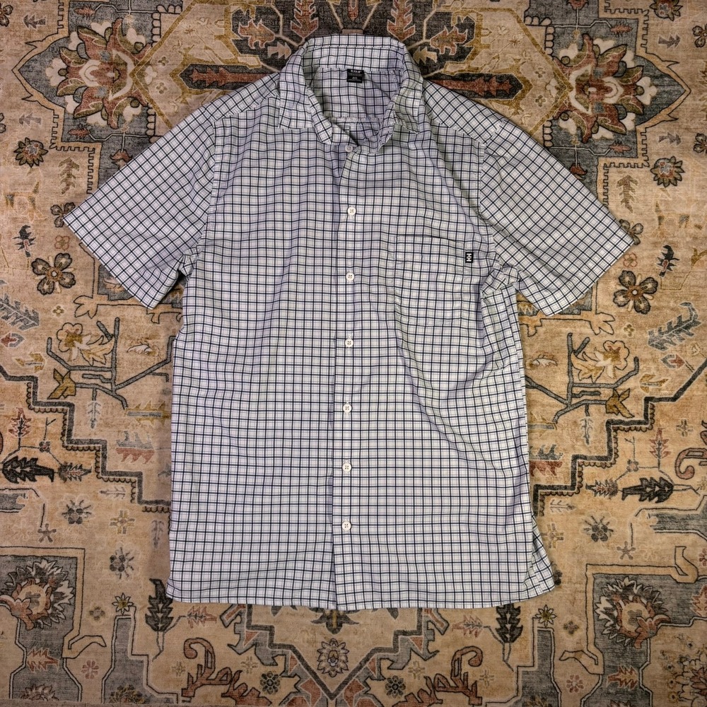 Helly Hansen Mens Small Blue White Grid Check Short Sleeve Button Up Shirt HH